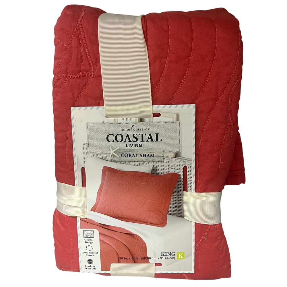Home Classics Coastal Living King Coral Sham Quilted Pillow Case 100% Cotton NIP